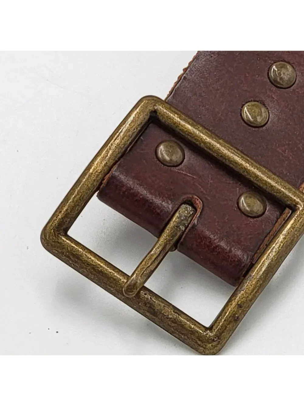 Vtg Y2K Boho  Brown Leather Studded Belt With Brass Buckle Unisex